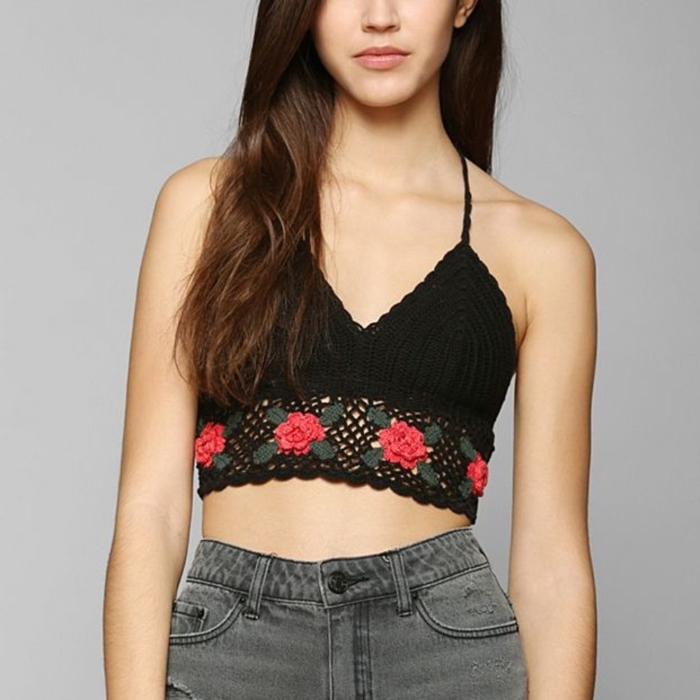 UO Ecote Floral Crochet Bra Top in Black